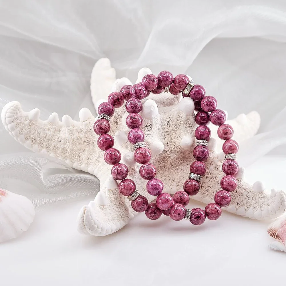 Feminine Gemstone Bracelet Set, Genuine Pink Jasper Stretch Bracelets, Unique